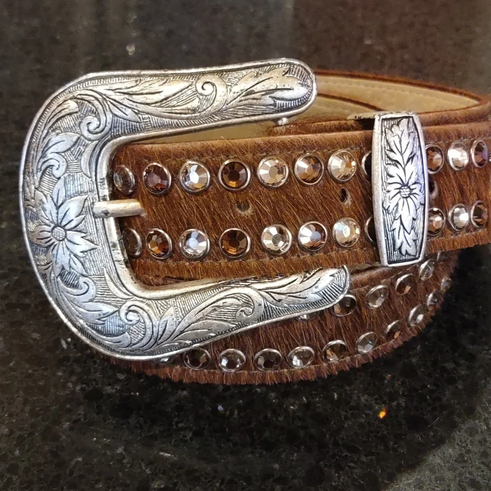 B.B. Simon | Crystal Embellished Brown Calf Hair Cowgirl Formal Western Belt